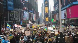 Hundreds of anti-war protesters are gathered at the Times Square in New York City, on February 26, 2022, to protest Russian attacks on Ukraine. 