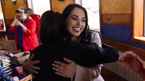 Mayra Flores, Republican candidate for Texas' 34th Congressional District, greets supporters during a blockwalk kick-off event at a Mexican restaurant in Brownsville, Texas, on February 19, 2022. 