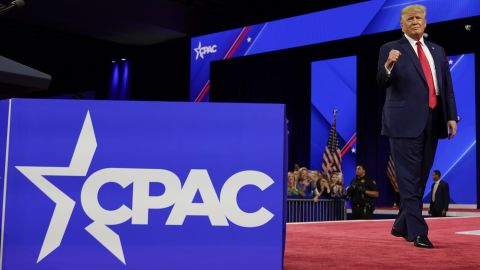 Former President Donald Trump arrives at the Conservative Political Action Conference (CPAC) in Orlando, Florida, Saturday, February 26, 2022.