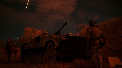 Ukrainian service members take position at the Vasylkiv Air Base near Kyiv on February 27.