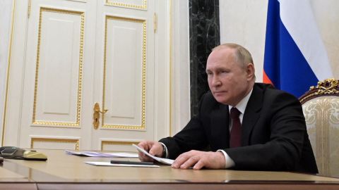 Vladimir Putin chairs a meeting with members of Russian paralympic teams ahead of Beijing 2022 Winter Paralympic Games via a teleconference call, in Moscow on February 21, 2022. 
