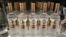 Bottles of Russian Standard vodka, produced by Russian Standard Corp., stand for sale inside a Lenta Ltd. supermarket in Moscow, Russia, on Tuesday, Feb. 25, 2014. 