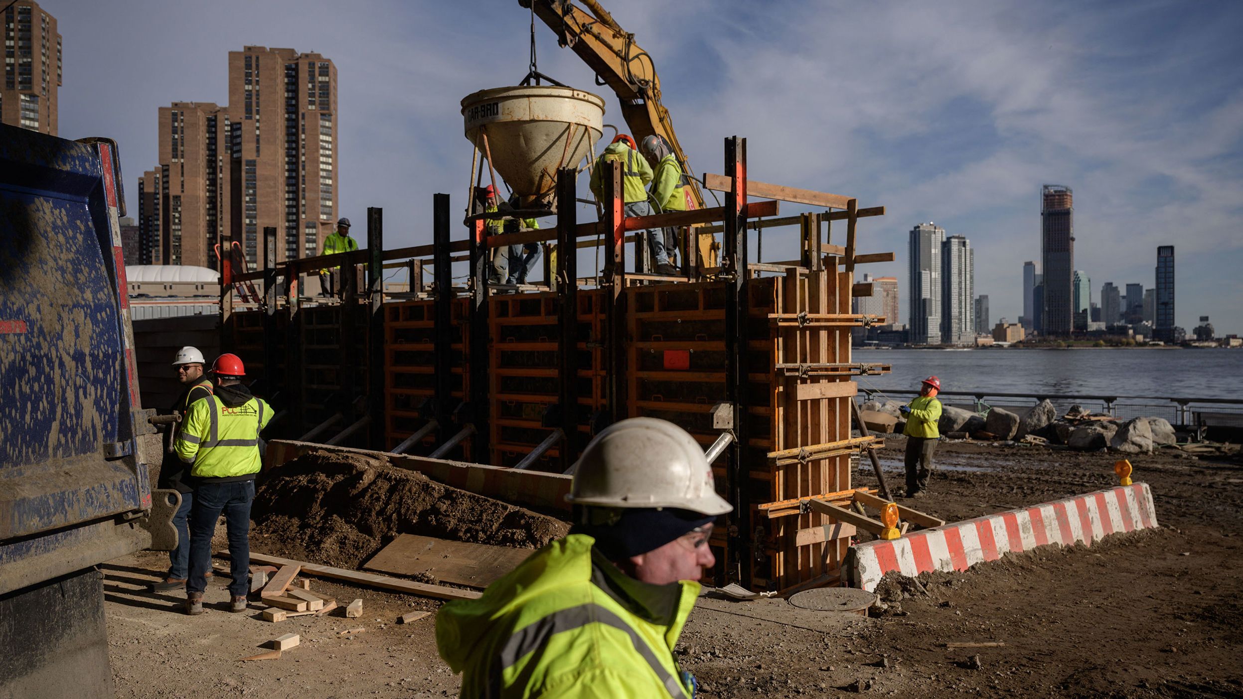 A flood defense wall being constructed on the east side of Manhattan in New York City on December 11, 2021.