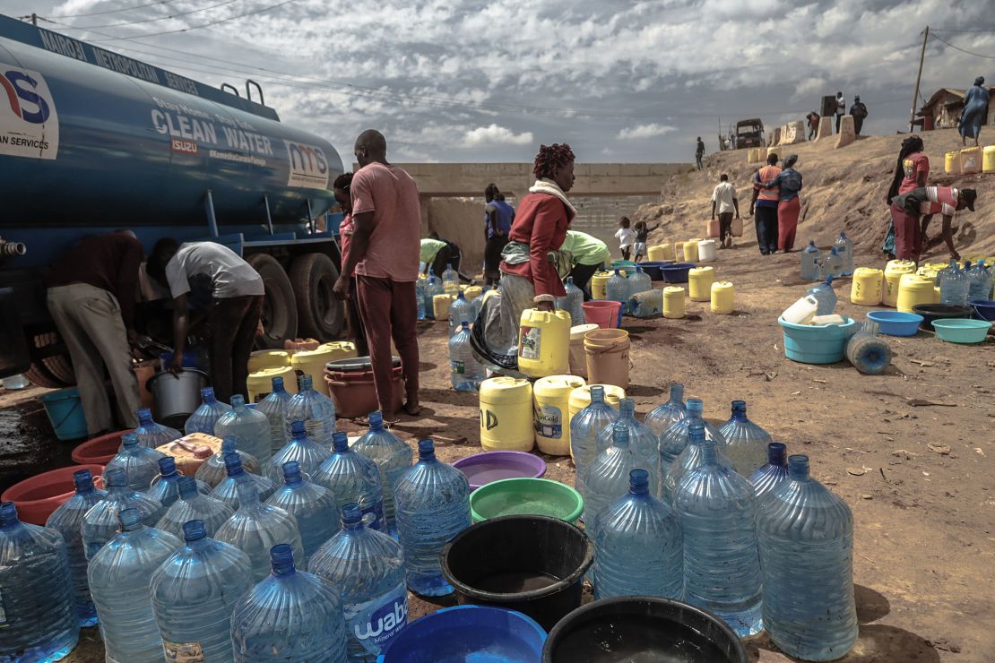 Residents fill water containers during a shortage in Nairobi, Kenya, in January.