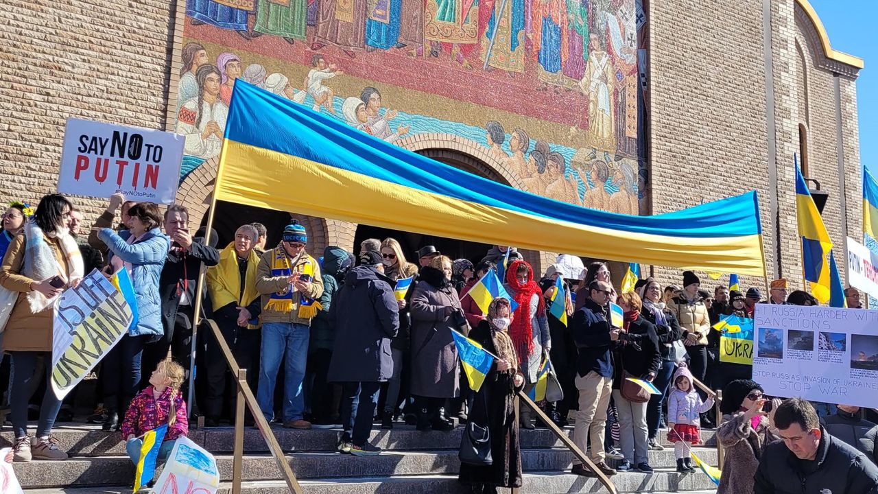 Demonstrators call for solidarity with Ukraine at a rally in Chicago on Sunday, February 27, 2022.