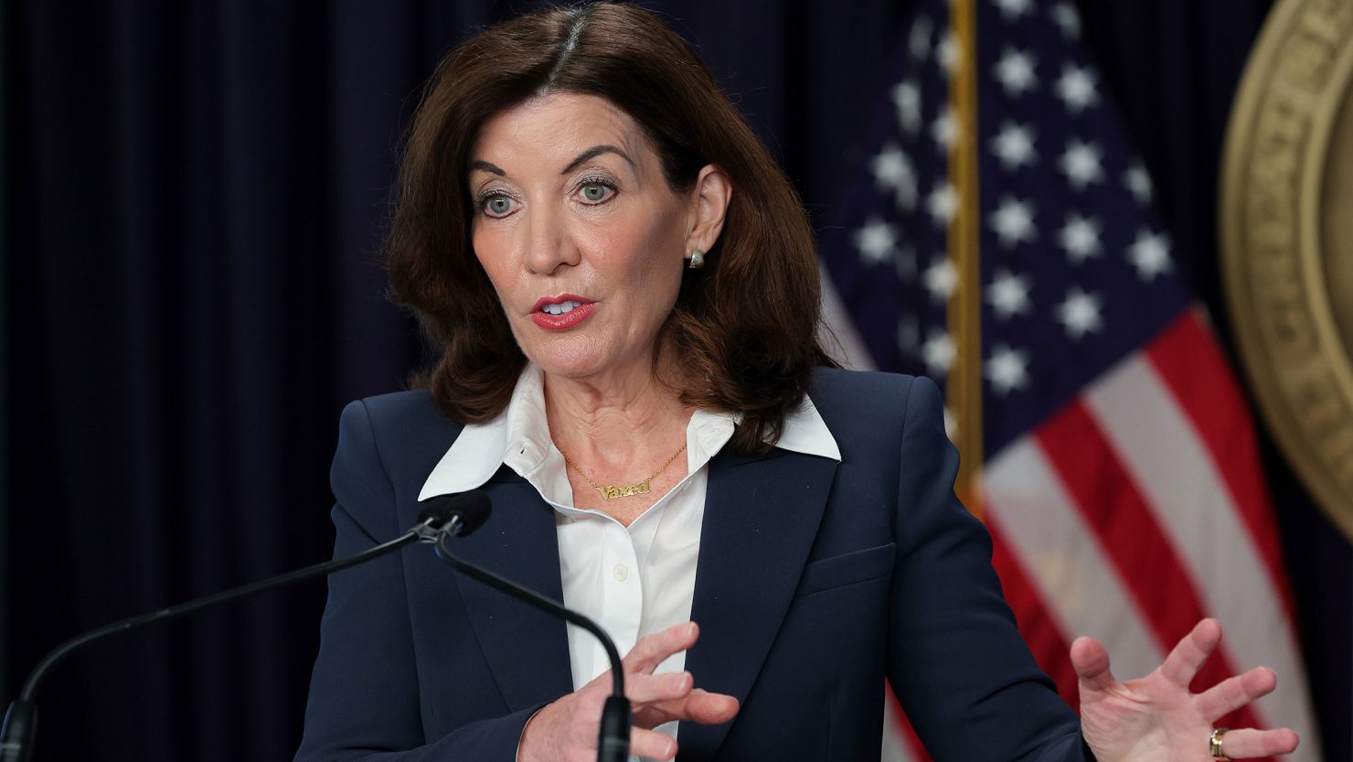 New York Governor Kathy Hochul, seen here during a press conference on February 9, 2022, stressed that individual discretion on masks will be respected. 