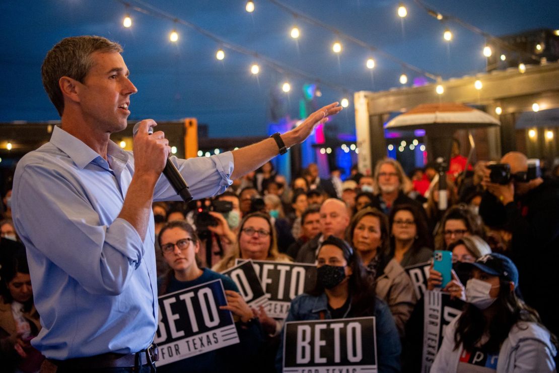 Texas Democratic gubernatorial candidate Beto O'Rourke speaks during the "Keeping the Lights On" campaign rally on February 15, 2022 in Houston, Texas.