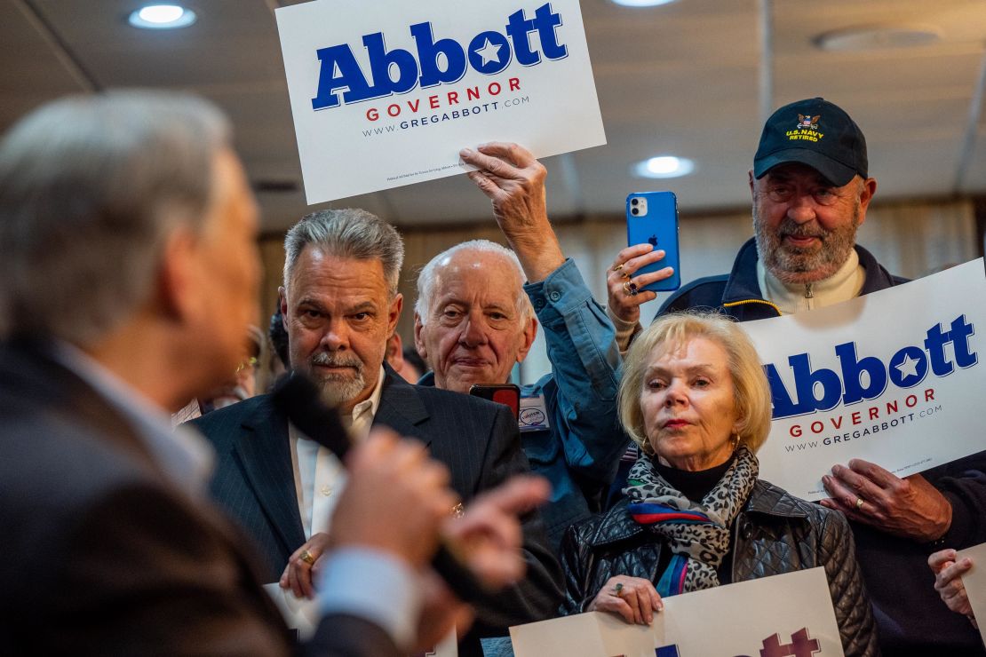 Supporters listen to Texas Gov. Greg Abbott speak during the "Get Out The Vote" campaign event on February 23, 2022 in Houston, Texas.