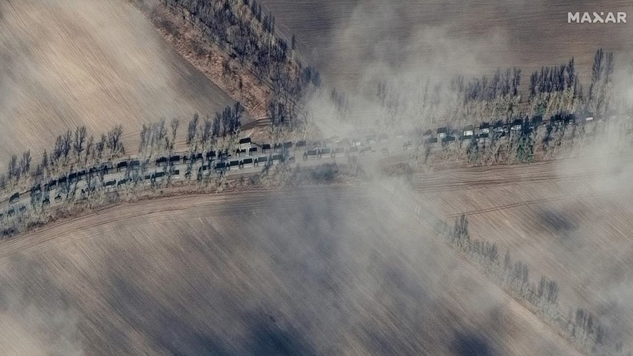 As Ukrainians continue to repel Russian advances around Kyiv, new satellite images show a more than three-mile-long Russian military convoy is on a roadway that heads toward the capital city. According to Maxar, the convoy was seen on satellite images on Sunday around 10:56 a.m. local time on the P-02-02 road near Ivankiv, which is about 40 miles or 60 kilometers northwest of the Ukrainian capital. The P-02-02 road heads towards Kyiv. Maxar identified fuel and logistical trucks, in addition to tanks, infantry vehicles and self-propelled artillery moving in the convoy.