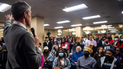 O'Rourke speaks to college students and faculty during a rally at Prairie View A&M University in Prairie View, Texas, on February 25, 2022.