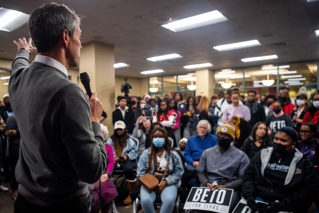 O'Rourke speaks to college students and faculty during a rally at Prairie View A&M University in Prairie View, Texas, on February 25, 2022.