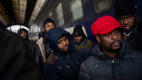 African residents in Ukraine wait at the platform inside Lviv railway station on February 27. Thousands of people gathered at Lviv's main train station attempting to board trains to take them out of Ukraine. 