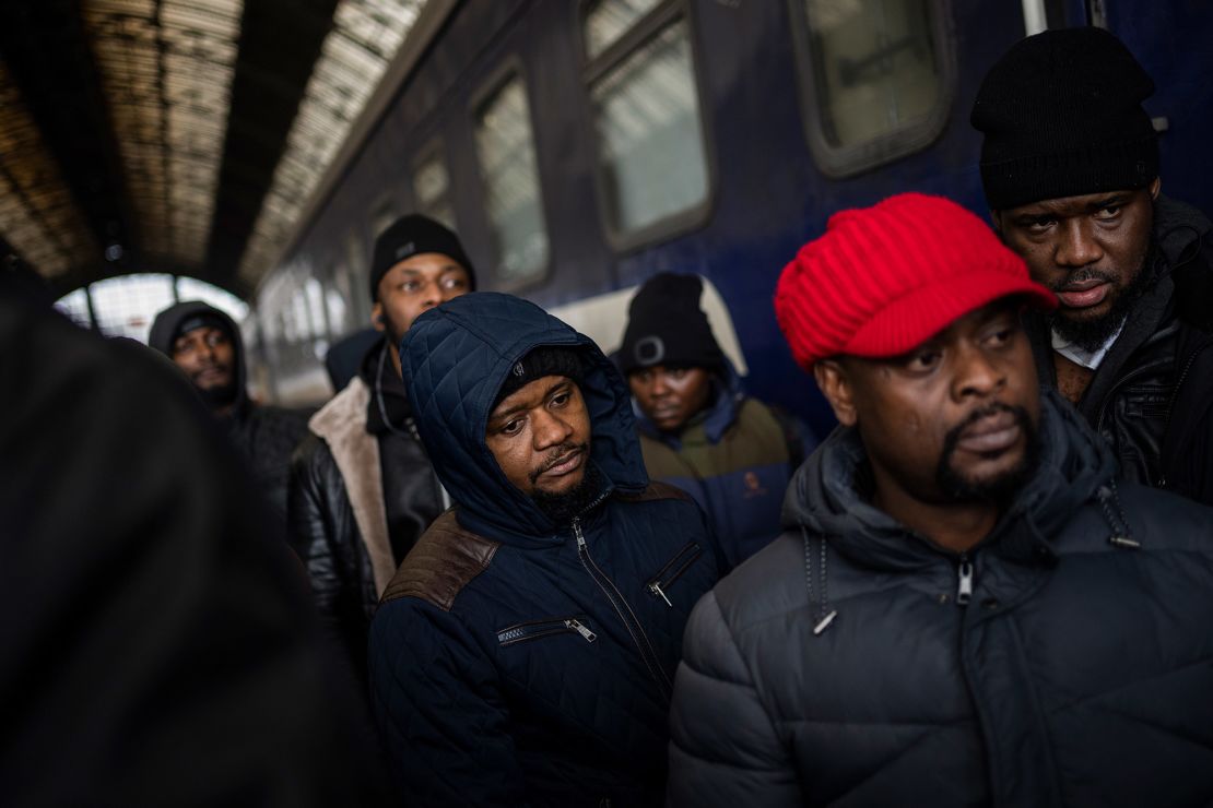 African residents in Ukraine wait at the platform inside Lviv railway station on February 27. Thousands of people gathered at Lviv's main train station attempting to board trains to take them out of Ukraine. 