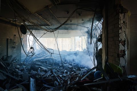 A damaged residential building is seen in Kyiv on February 26.