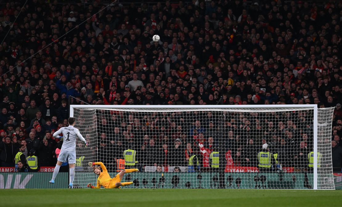 Arrizabalaga misses a penalty in the Carabao Cup final.