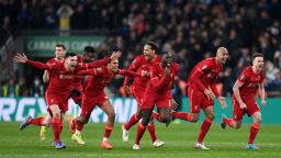 LONDON, ENGLAND - FEBRUARY 27: Liverpool players celebrate after victory in the penalty shoot out during the Carabao Cup Final match between Chelsea and Liverpool at Wembley Stadium on February 27, 2022 in London, England. (Photo by Shaun Botterill/Getty Images)