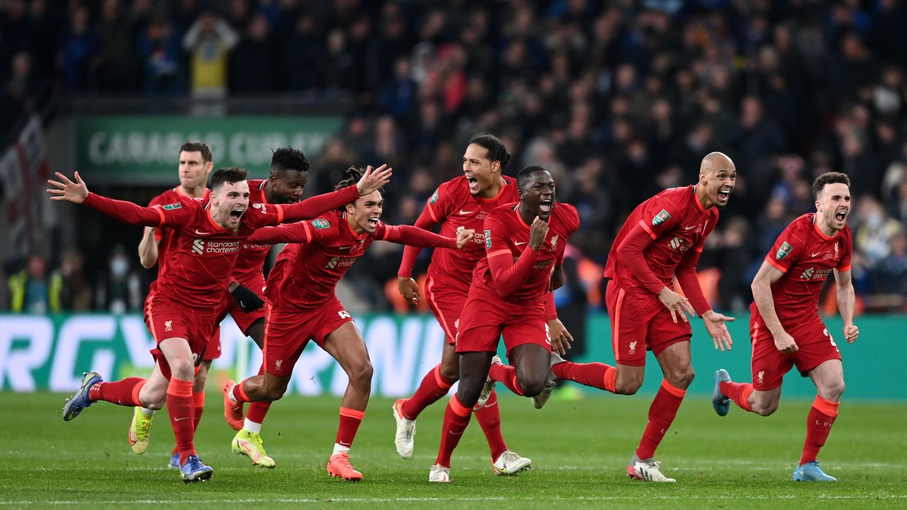 Liverpool players celebrate after victory in the Carabao Cup final. 