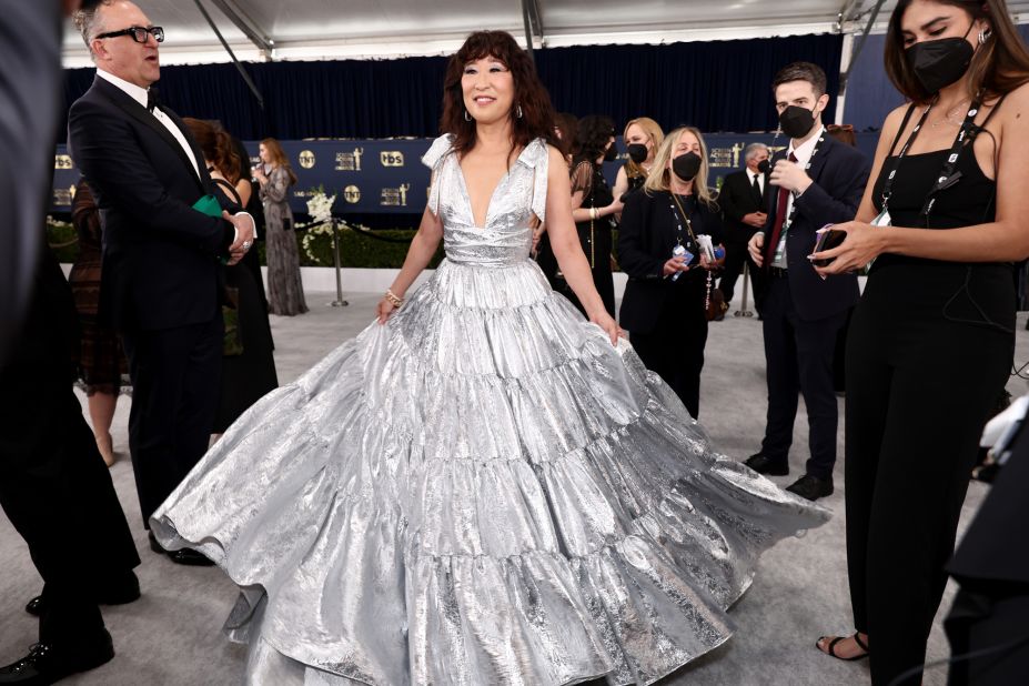 "The Chair" star Sandra Oh hits the silver carpet.