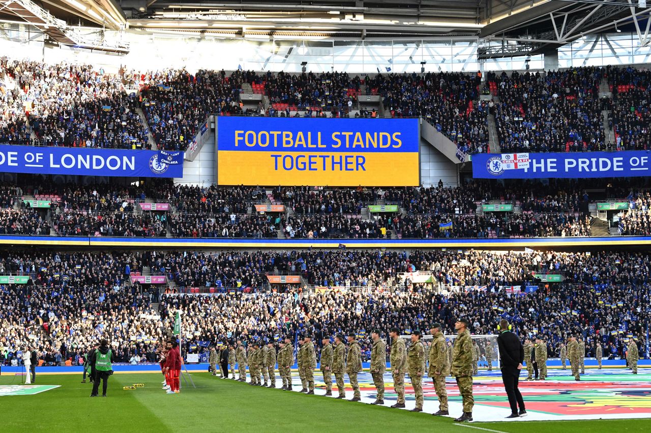 A "Football Stands Together" message is displayed in Ukrainian colors ahead of the League Cup final between Chelsea and Liverpool on February 27 The match was played at Wembley Stadium in London.