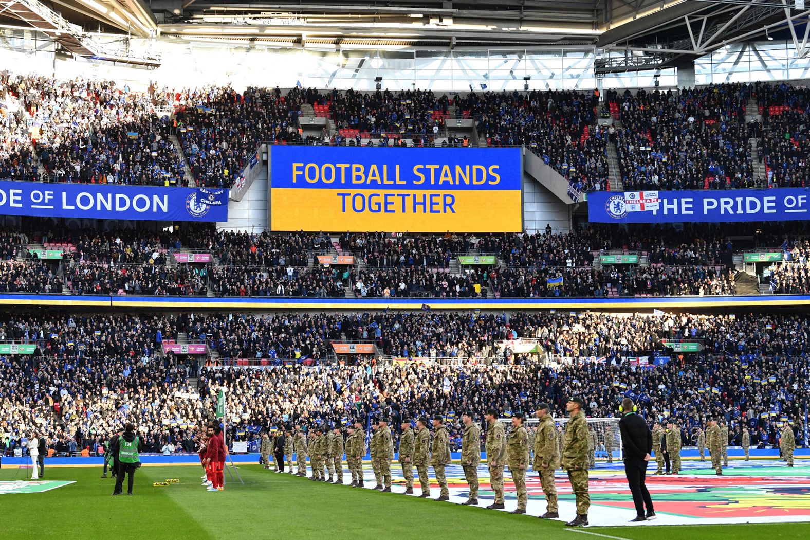 A "Football Stands Together" message is displayed in Ukrainian colors ahead of the League Cup final between Chelsea and Liverpool on February 27 The match was played at Wembley Stadium in London.