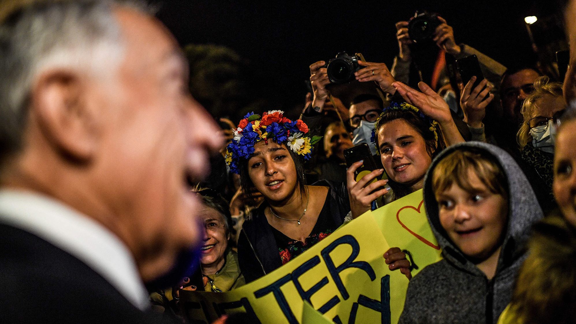 Portuguese President Marcelo Rebelo de Sousa meets with demonstrators outside Belem Palace in Lisbon, Portugal, to show his support on February 26.