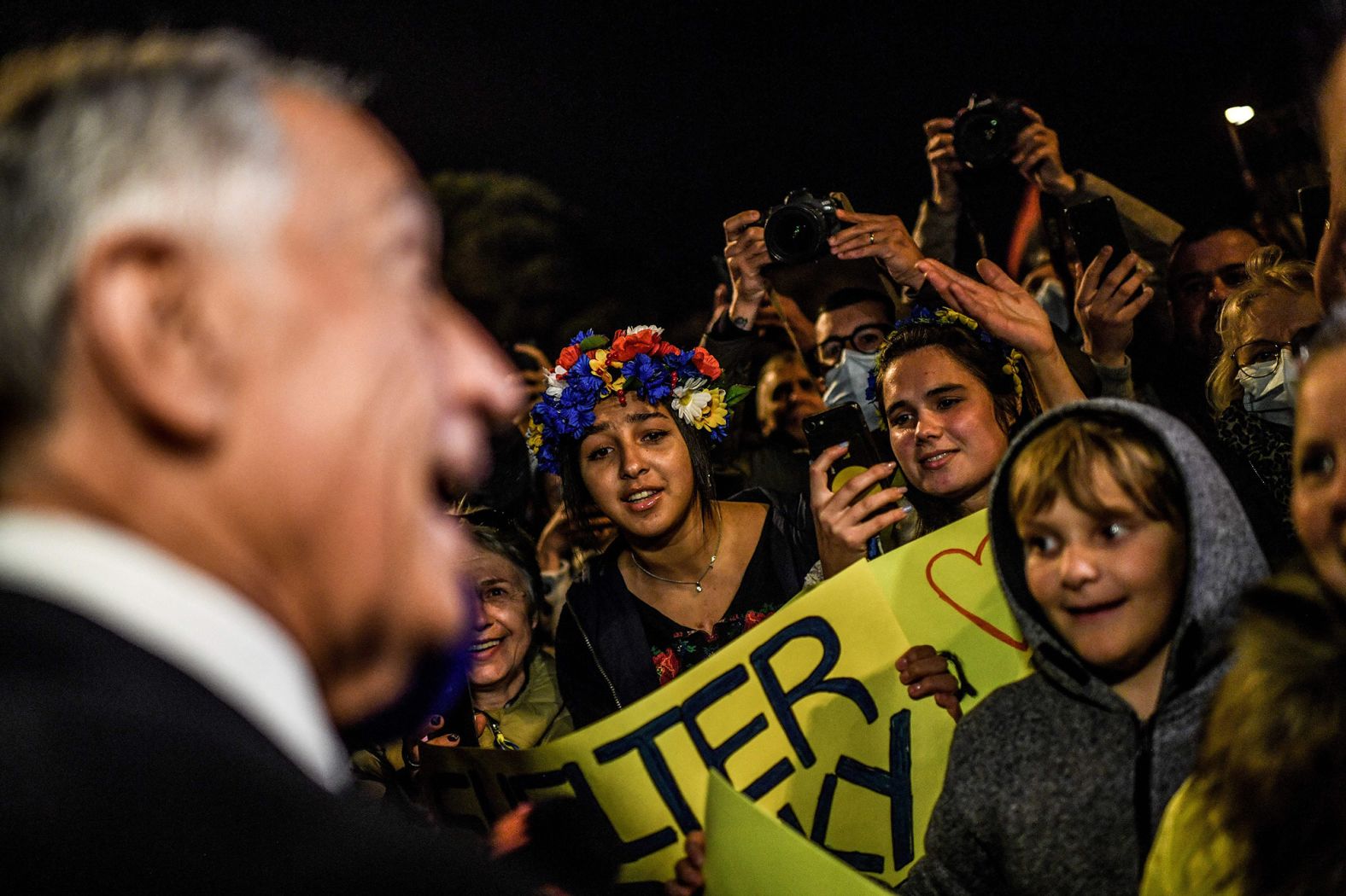 Portuguese President Marcelo Rebelo de Sousa meets with demonstrators outside Belem Palace in Lisbon, Portugal, to show his support on February 26.