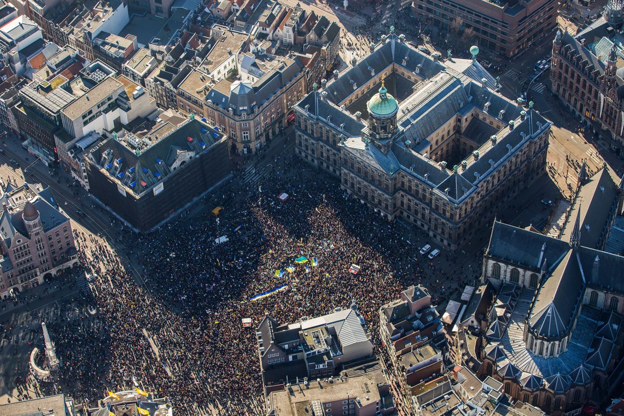 Thousands of people show solidarity with Ukraine at Dam Square in Amsterdam, Netherlands, on February 27.