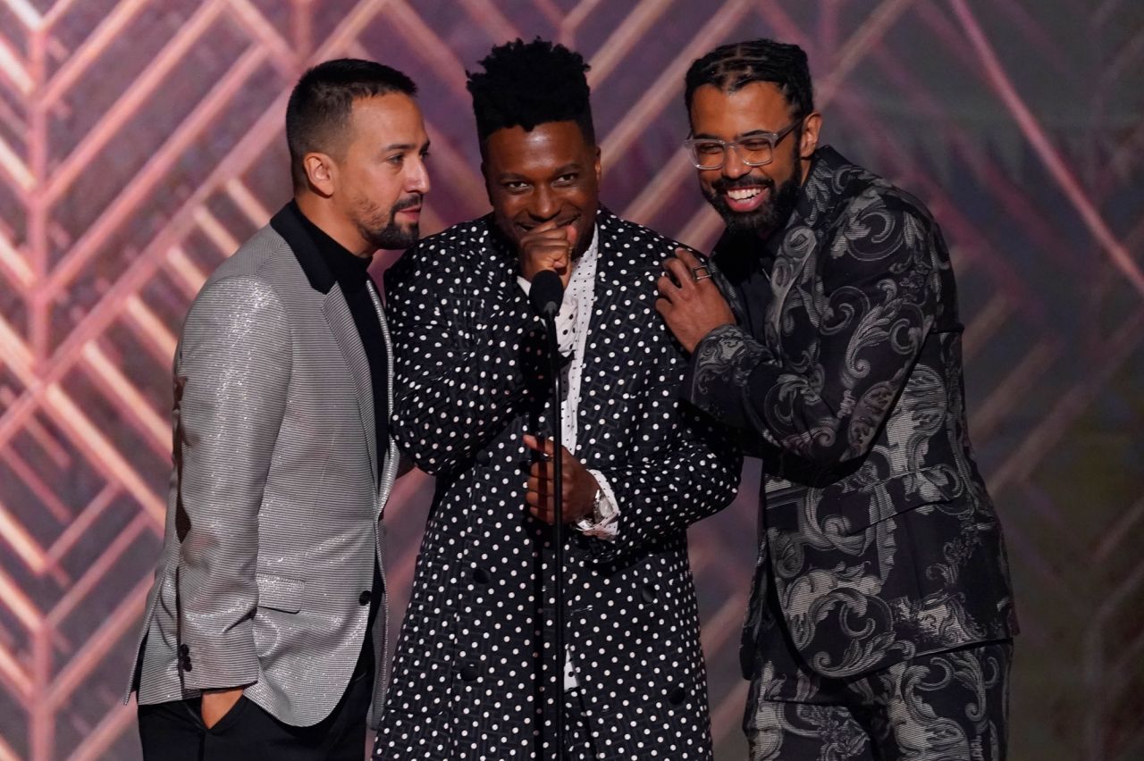 From left, Lin-Manuel Miranda, Leslie Odom Jr. and Daveed Diggs present an award during the show. The three starred together in the musical "Hamilton."