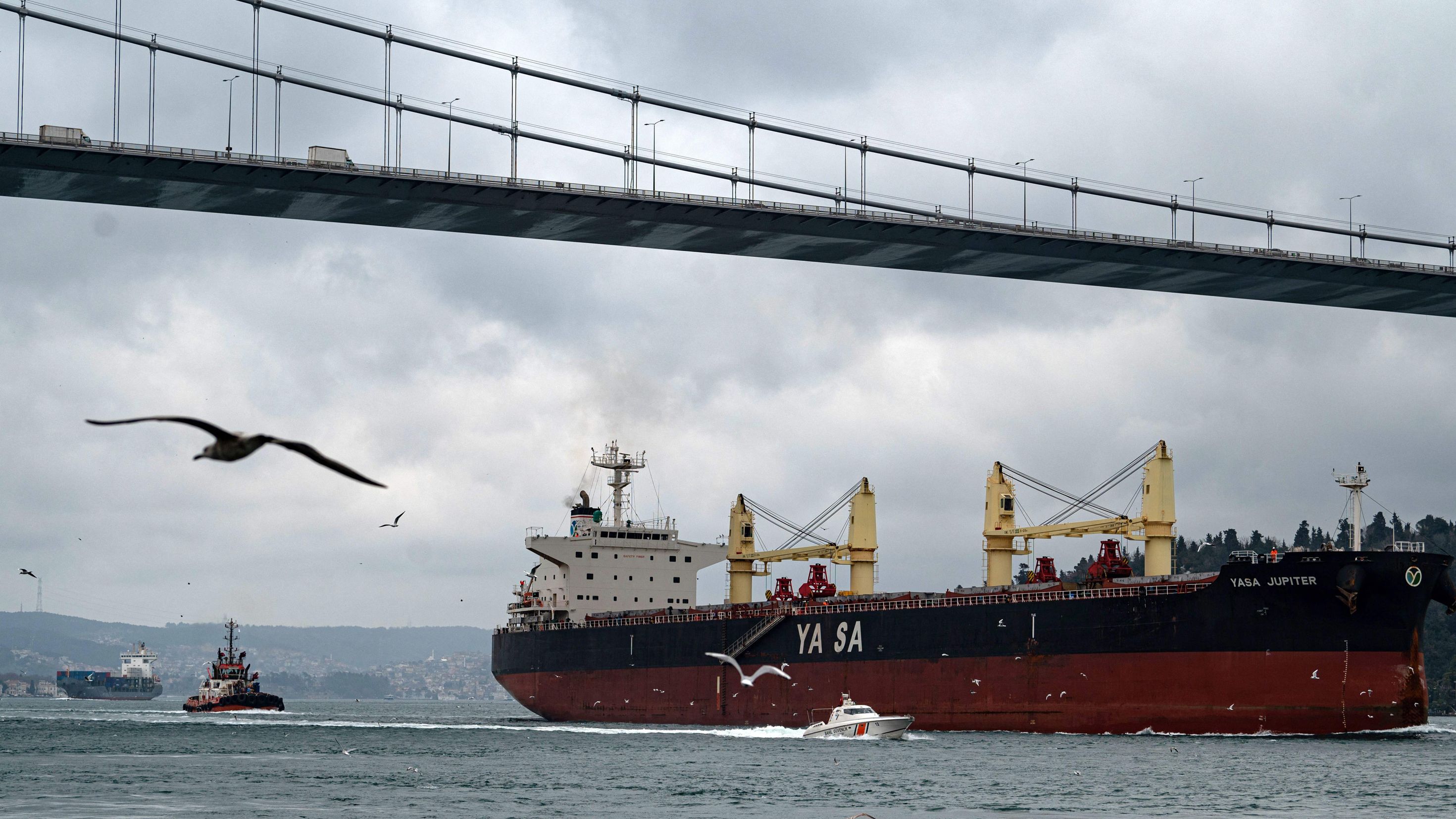 The Marshall Islands-flagged Turkish-owned Yasa Jupiter ship, which was hit by a missile off the coast of Ukraine's port city Odessa, sails on the Bosphorus in Istanbul, Turkey, on February 25.