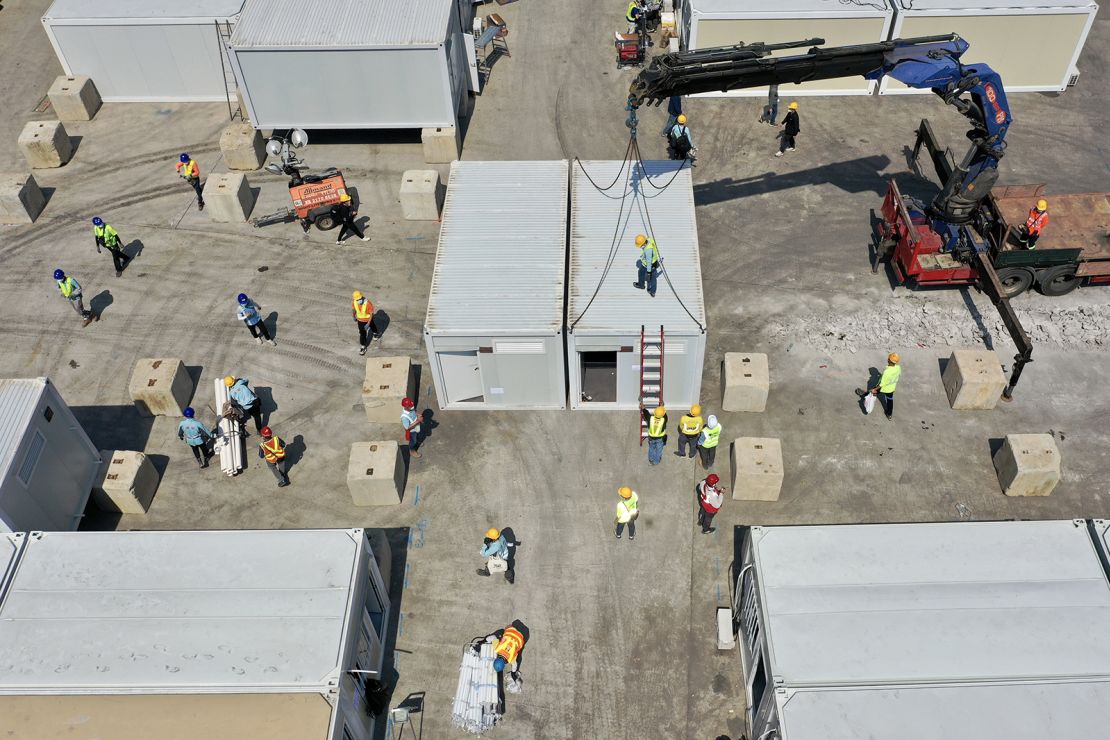 An aerial view of the Tsing Yi mobile cabin hospital under construction on February 27, 2022, in Hong Kong