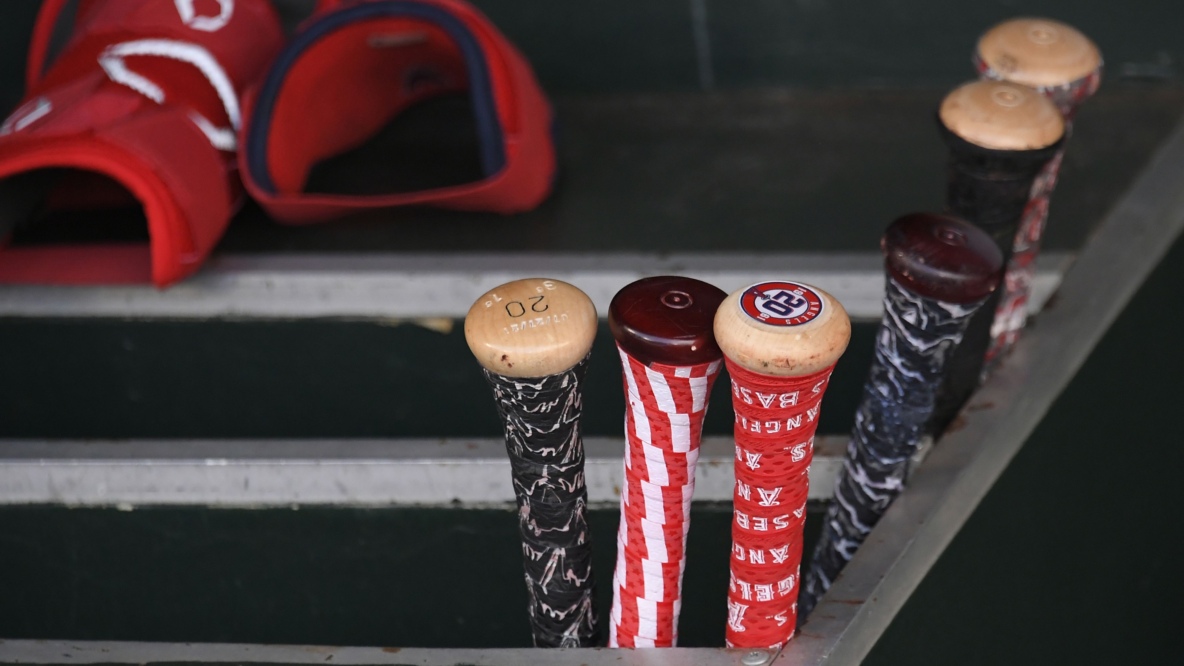 A view of Los Angeles Angels' Jared Walsh's bats and the tape jobs on the handles before a game.