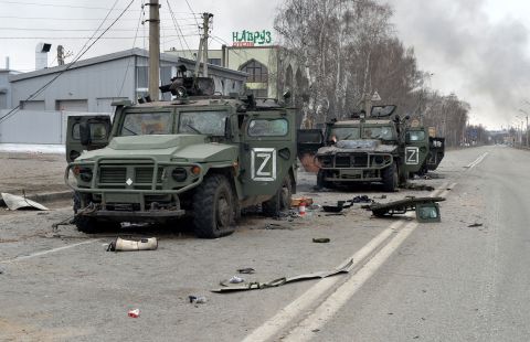 Russian infantry mobility vehicles are destroyed after fighting in Kharkiv on February 28. A residential neighborhood in Kharkiv, Ukraine's second-largest city, <a href=