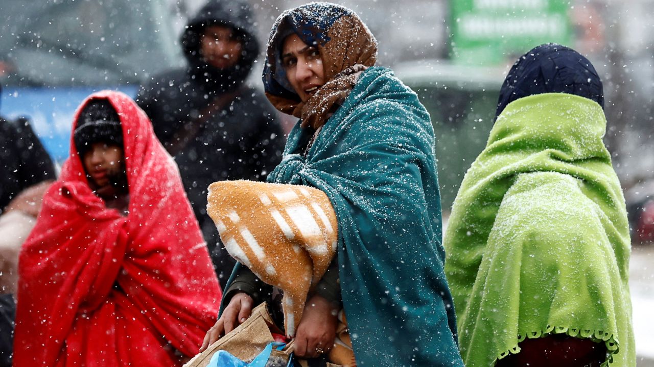 People arriving at a temporary camp in Przemysl, Poland on Monday.