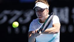 MELBOURNE, AUSTRALIA - JANUARY 21: Elina Svitolina of Ukraine plays a backhand in her third round singles match against 
Victoria Azarenka of Belarus during day five of the 2022 Australian Open at Melbourne Park on January 21, 2022 in Melbourne, Australia. (Photo by Daniel Pockett/Getty Images)