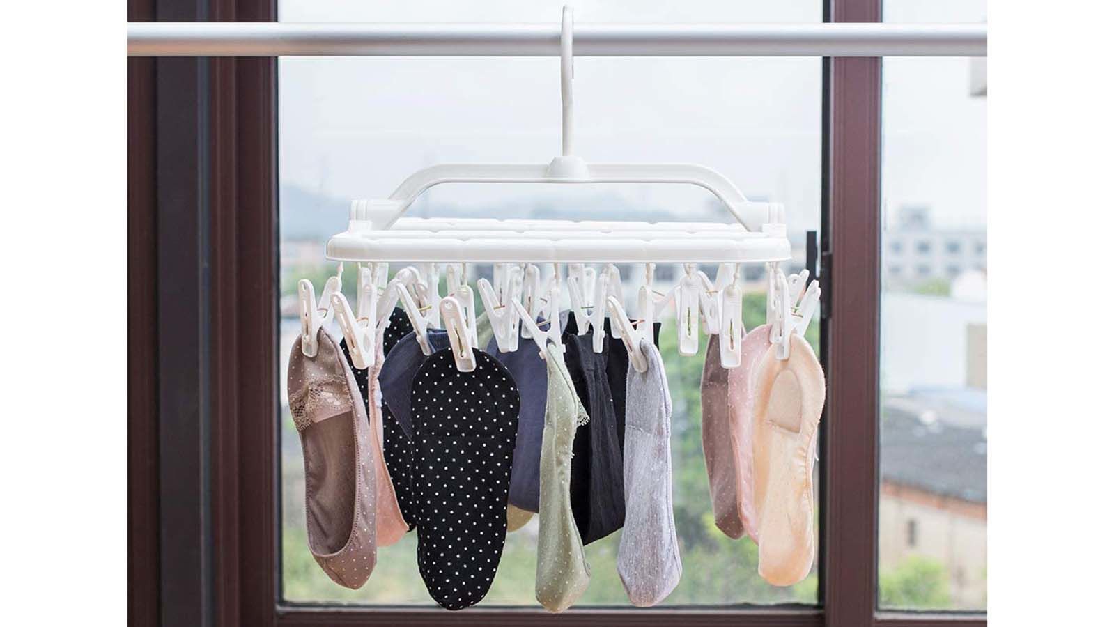 Folding Drying Hanger Folding Clothing Drying Hanger with 24 Windproof  Clips Wall Mount No Drill Bra Brief Towel Bath Loofah Hanging Rack  Organizer Clothes Drying Rack : : Home