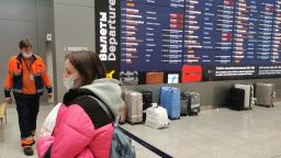 Passengers are seen at Sheremetyevo International Airport outside Moscow, Russia. From February 24 to March 2, the work of 12 airports in the south of Russia was suspended due to the ban on the use of southern airspace. Alexey Maishev / Sputnik  via AP