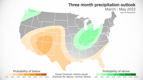 The Climate Prediction Center's precipitation forecast.  The brown areas show where conditions will be drier.  The green areas show where conditions will be wetter.