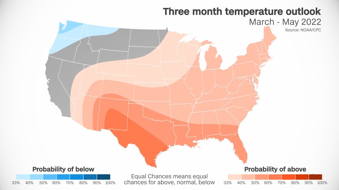 Here is the Climate Prediction Center's three-month outlook for temperature. The red areas indicate where it is likely to be warmer than average. The blue shows where it is likely to be cooler.
