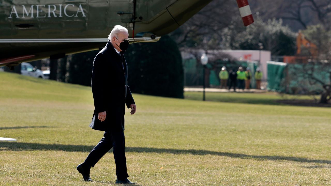 President Joe Biden walks on the South Lawn of the White House after returning on Marine One from Delaware on February 28, 2022 in Washington, DC. 