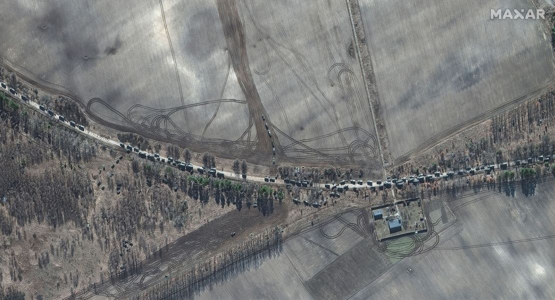 Satellite images show the long Russian convoy of tanks and armored vehicles that stalled on the outskirts of Kyiv, in the early days of the invasion in February last year.  