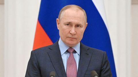 Russian President Vladimir Putin attends a news conference with his Belarusian counterpart following their talks at the Kremlin in Moscow on February 18, 2022.