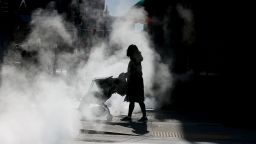 A woman pushes a stroller down State Street as steam rises up around her on Feb. 9, 2022.