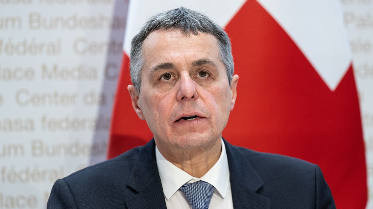Swiss Federal President Ignazio Cassis speaks during a press conference in Bern, Switzerland, Monday, February 28. 