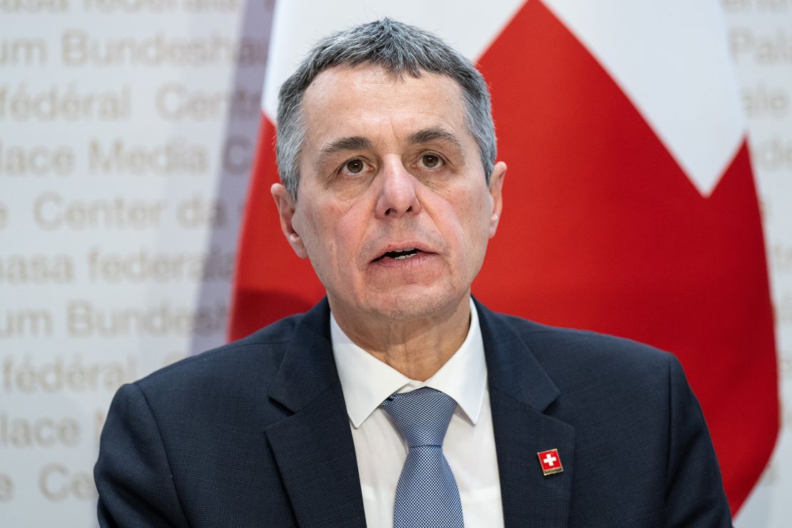 Swiss Federal President Ignazio Cassis speaks during a press conference in Bern, Switzerland, Monday, February 28. 