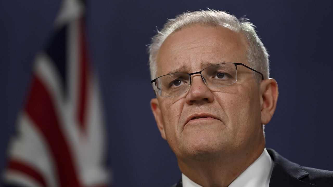 Australian Prime Minister Scott Morrison speaks at a press conference in Sydney, Thursday, Feb. 24, 2022.
