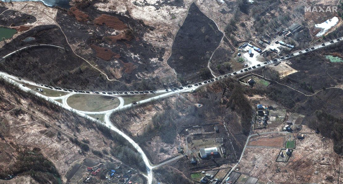 A satellite image of the stalled 40-mile-long convoy of Russian tanks, armored vehicles, and towed artillery in southern Invankiv.