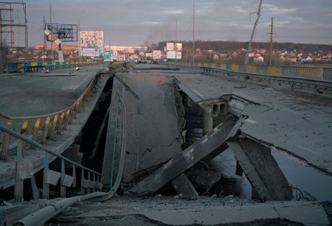 A bridge is destroyed near the town of Bucha, Ukraine, on February 28.