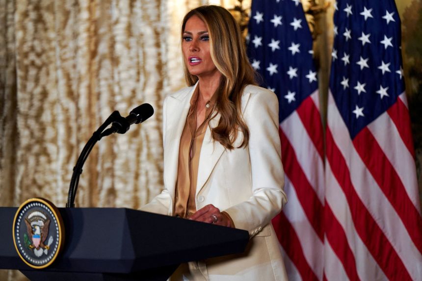 First lady Melania Trump addresses an audience of spouses of heads of government on the sidelines of the 80th United Nations General Assembly in New York City on September 23..