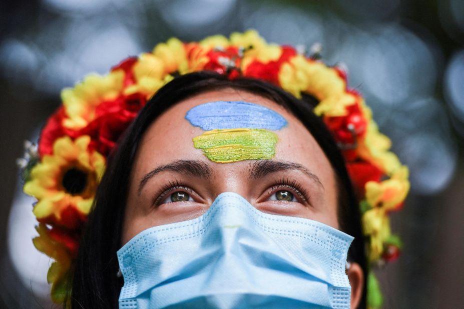 A woman from Ukraine takes part in an anti-war protest in Bangkok, Thailand, on February 28.