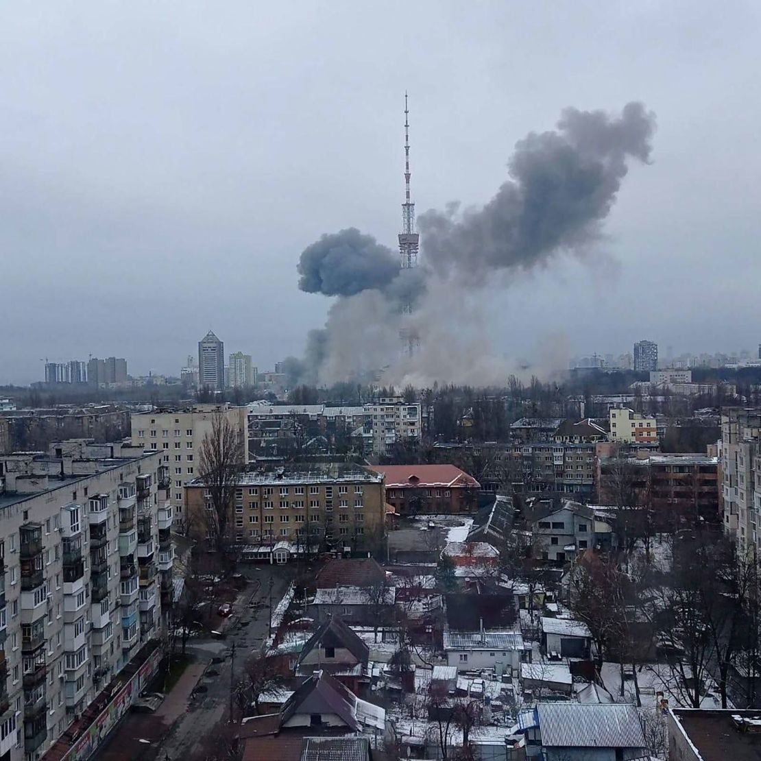 The area surrounding a massive TV tower in Kyiv after being hit by military strikes on Tuesday.